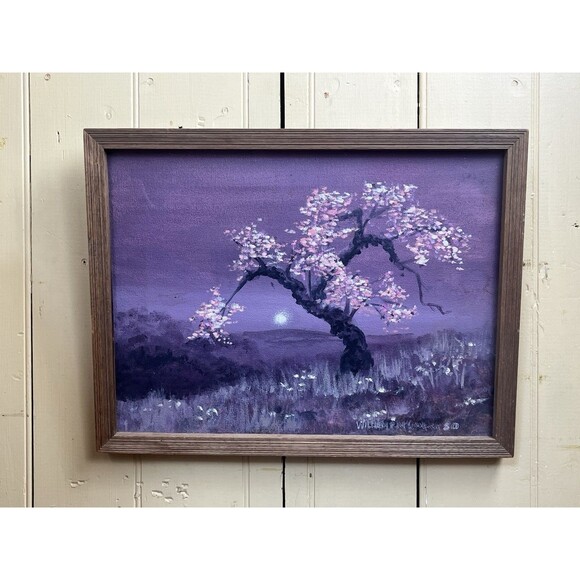 Vintage Signed Framed Oil Painting Cherry Blossom Tree At Dusk W/Moon Is Rising - Picture 5 of 9